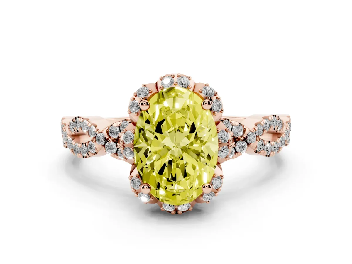 Fancy Yellow Oval Cut Halo Twist Band Solitaire Ring with Six-Prong Setting Rose gold