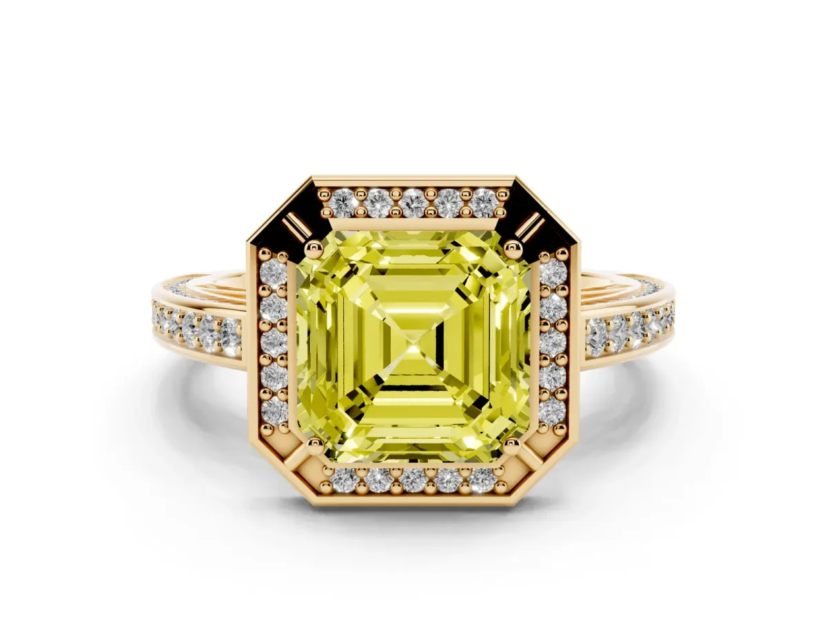 Fancy Yellow Asscher Cut Cut Halo Pave Split Shank Prong Setting Ring Yellow gold