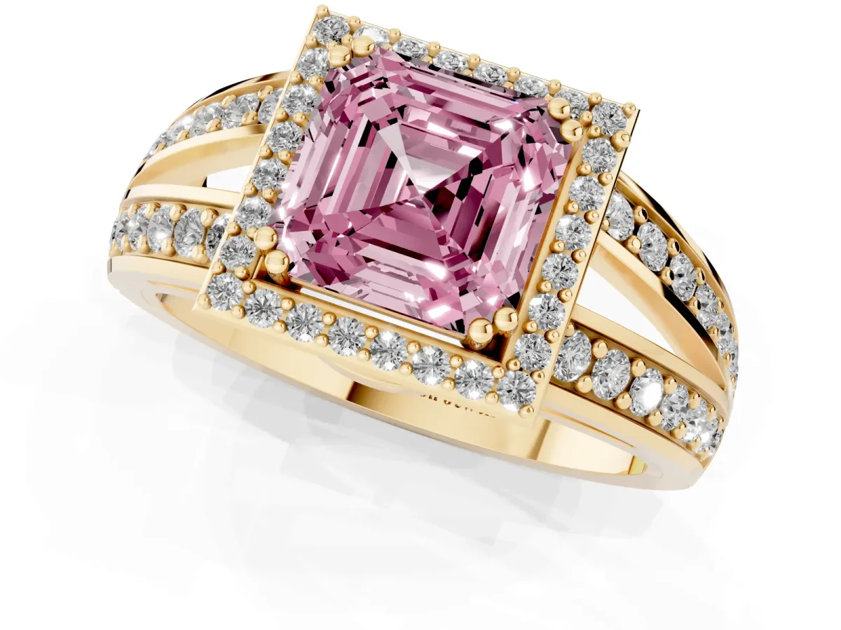 Fancy Pink Asscher Cut Diamond Halo Ring with Split Shank Pavé Band and Four-Prong Setting Yellow gold
