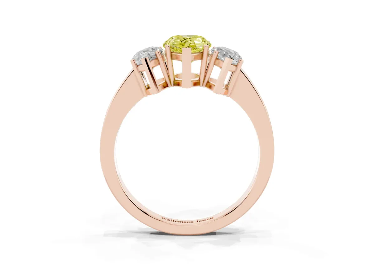 Fancy Yellow Three-Stone Pear Cut Cut Diamond Engagement Ring with Flat Band and Four-Prong Setting Rose gold