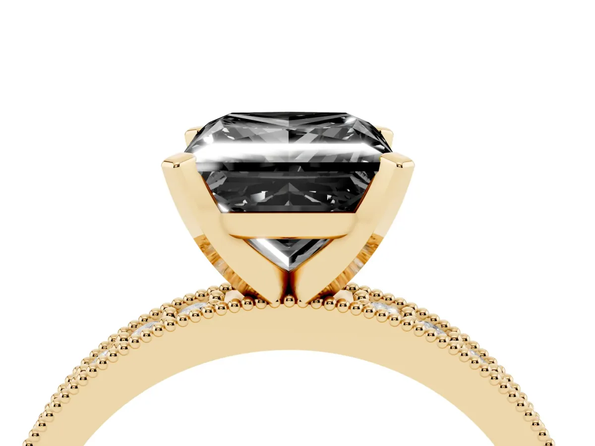 Fancy Black Princess Cut Diamond Milgrain Pavé Engagement Ring with Four-Prong Setting Yellow gold
