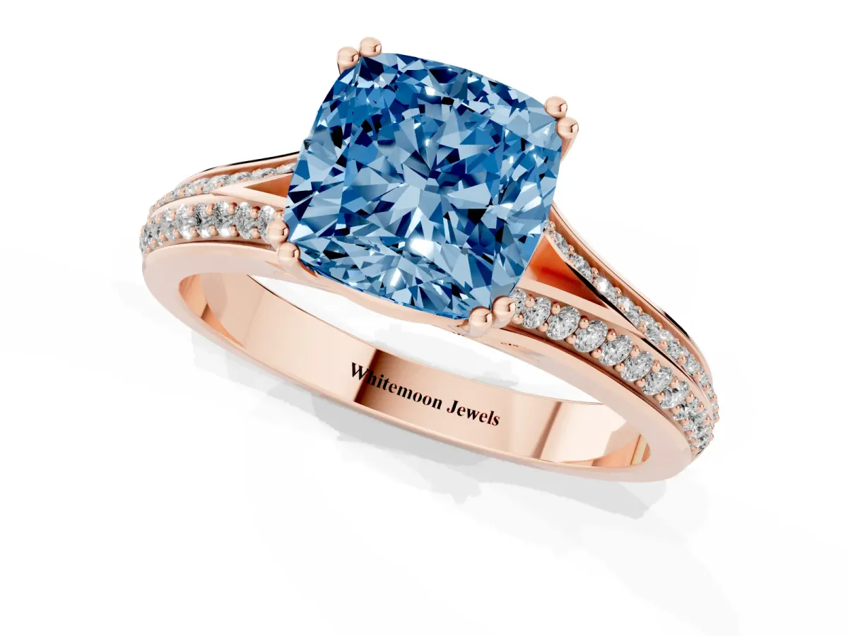 Fancy Blue Cushion Cut Diamond Split Shank Engagement Ring with Pavé Band Rose gold