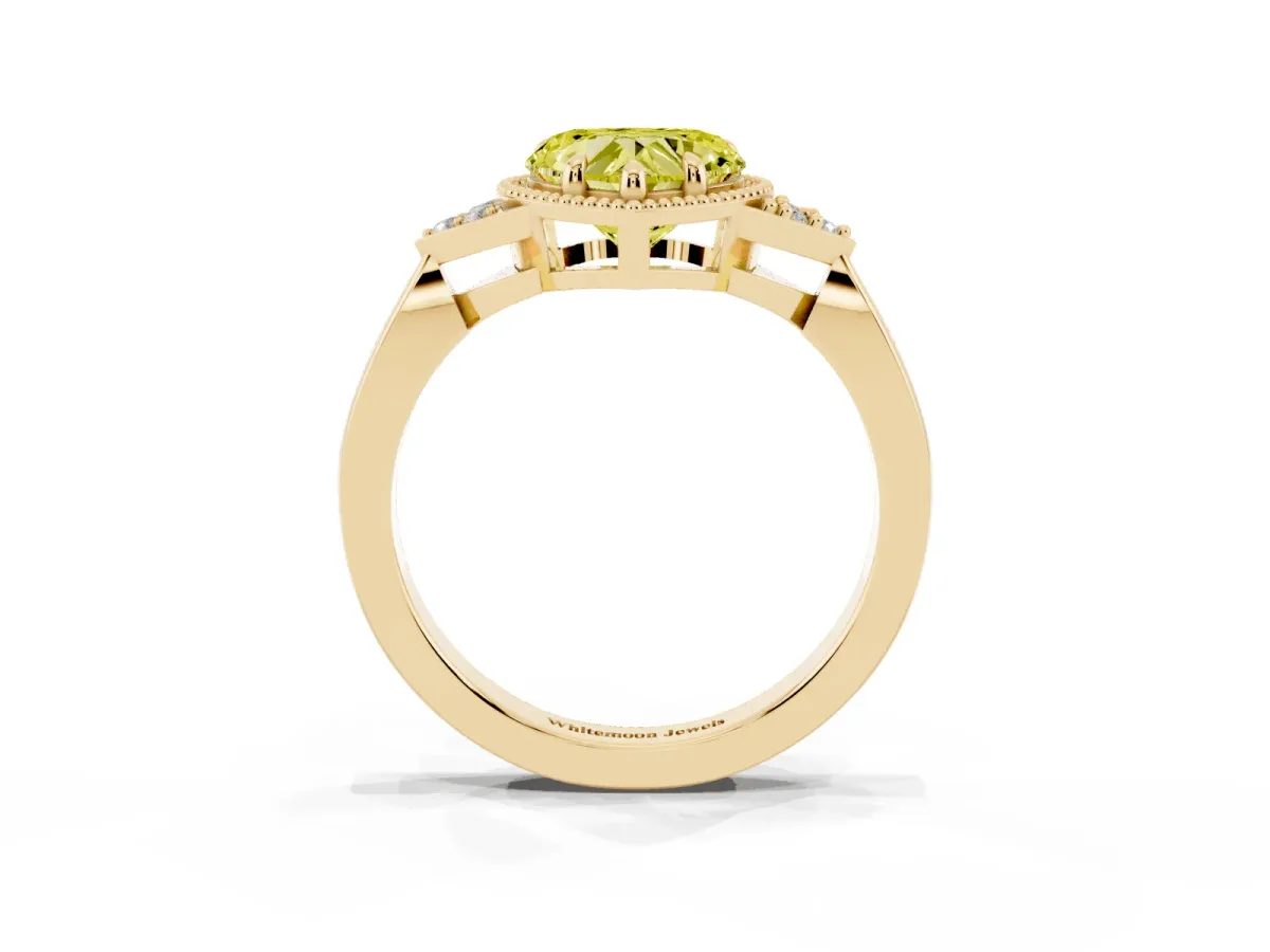 Fancy Yellow Hexagonal Halo Heart Cut Diamond Solitaire with Pavé Band and Four-Prong Setting Yellow gold