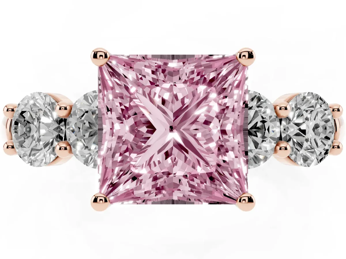 Fancy Pink Princess Cut Cut Five-Stone Prong Set Diamond Ring with Classic Band Rose gold