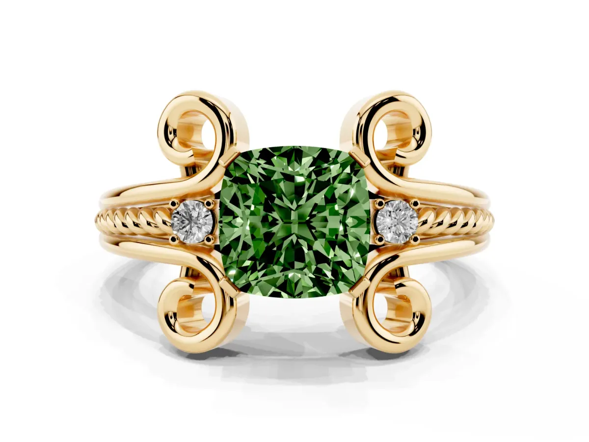 Fancy Green Cushion Cut Solitaire Twisted Band Scroll Prong Ring Yellow gold