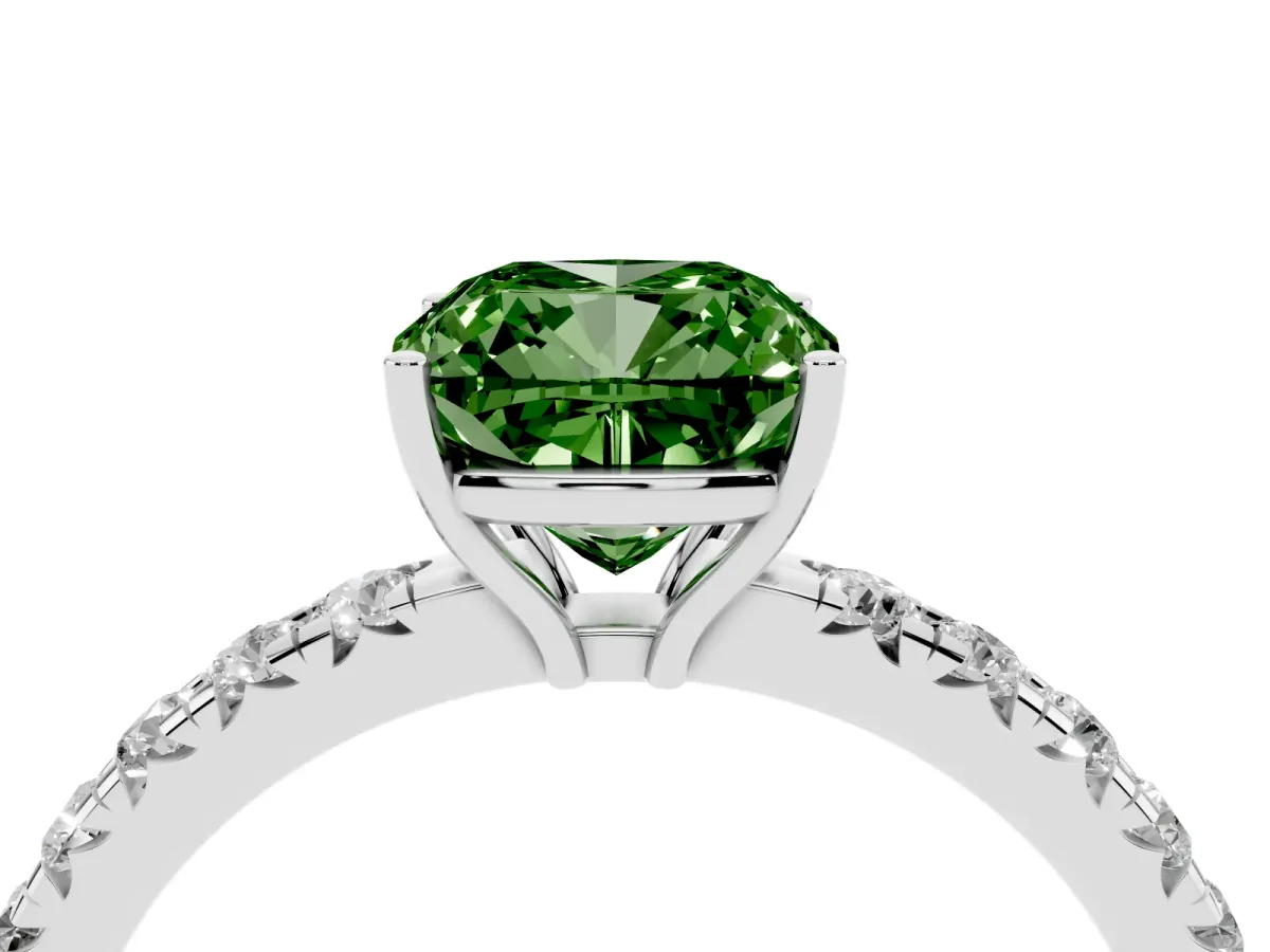 Fancy Green Cushion Cut Diamond Pavé Solitaire Engagement Ring with Four-Prong Setting Silver