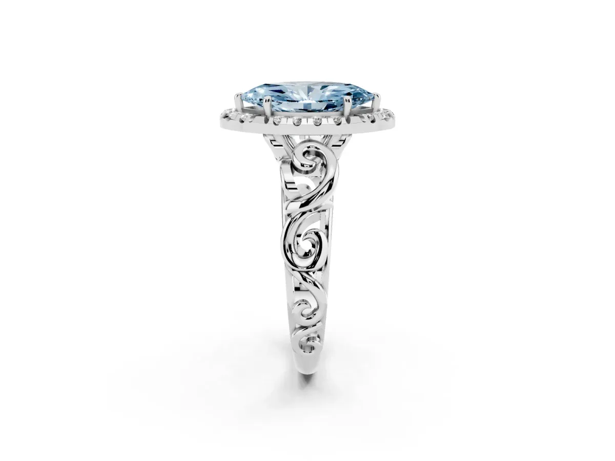 Fancy Blue Marquise Cut Cut Halo Diamond Ring with Scrollwork Band and Four-Prong Setting Silver