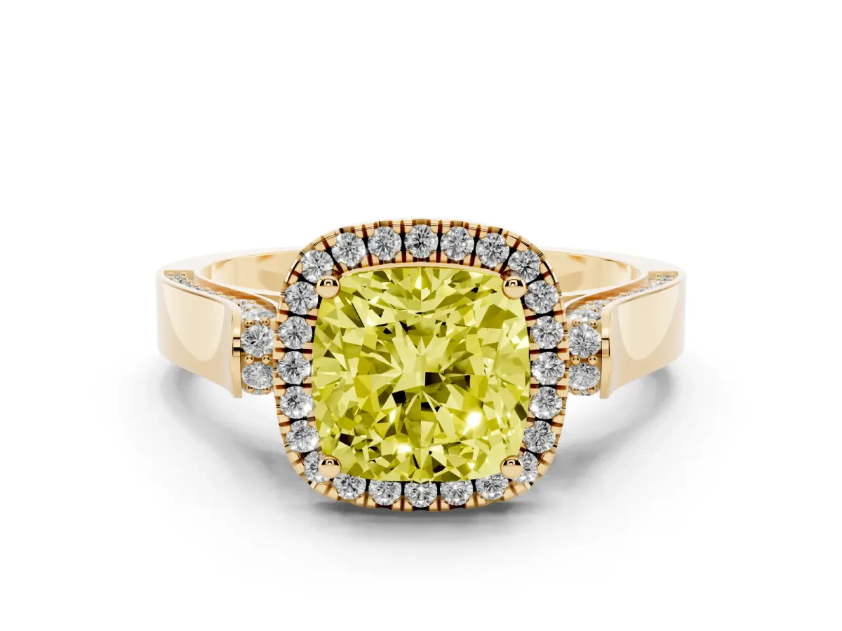 Fancy Yellow Cushion Cut Halo Pave Split Shank Prong Setting Ring Yellow gold