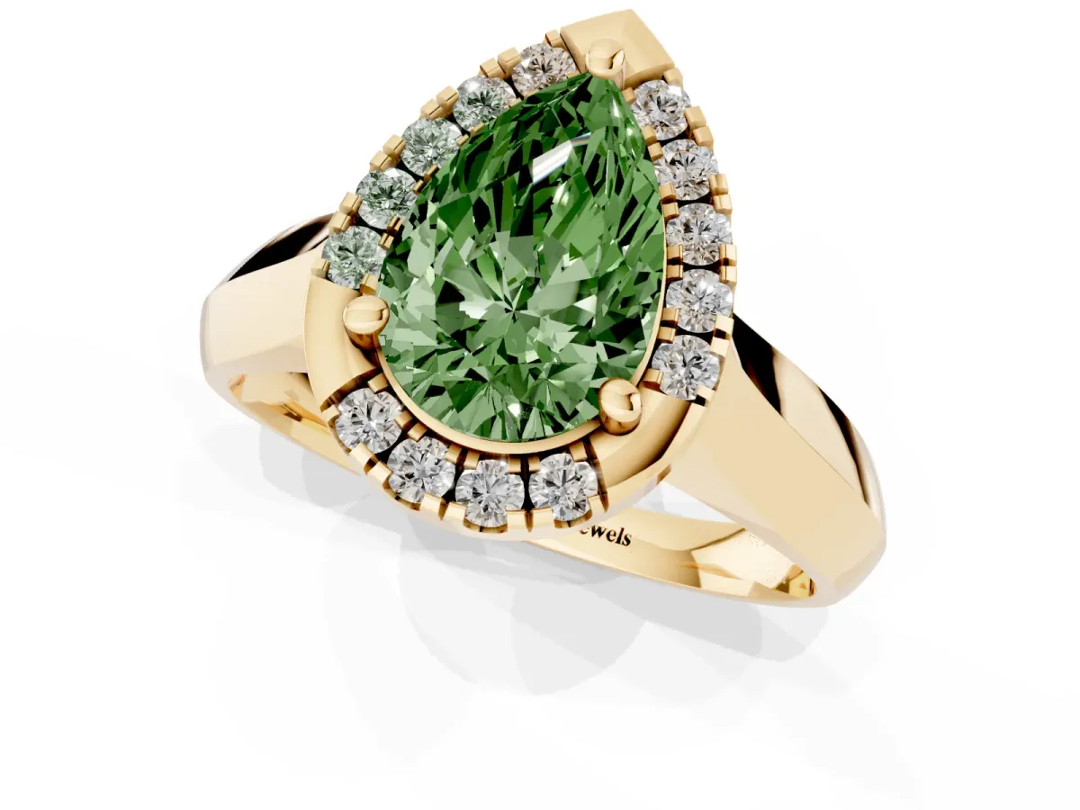 Fancy Green Pear Cut Cut Halo Solitaire Engagement Ring with Square Band and Four-Prong Setting Yellow gold