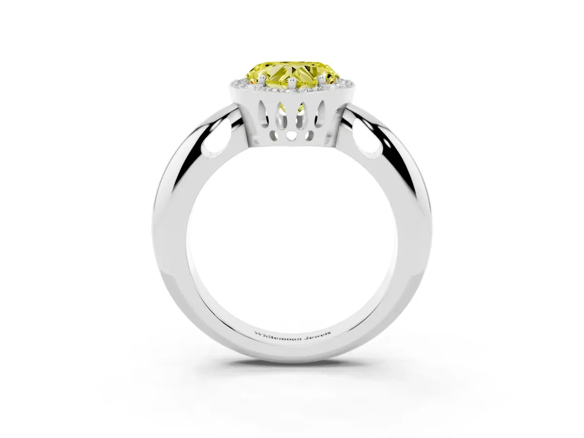 Fancy Yellow Heart Cut Cut Diamond Halo Engagement Ring with Split Shank and Four-Prong Setting Platinum