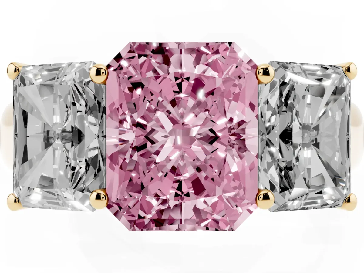 Fancy Pink Radiant Cut Three-Stone Diamond Ring with Prong Setting on a Classic Band Yellow gold