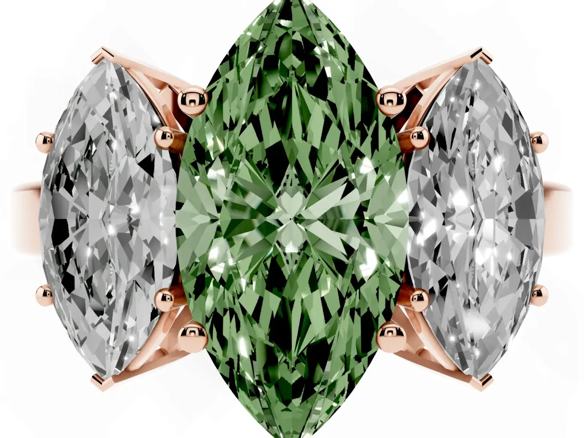 Fancy Green Three-Stone Marquise Cut Cut Diamond Engagement Ring with Flat Band and Four-Prong Setting Rose gold
