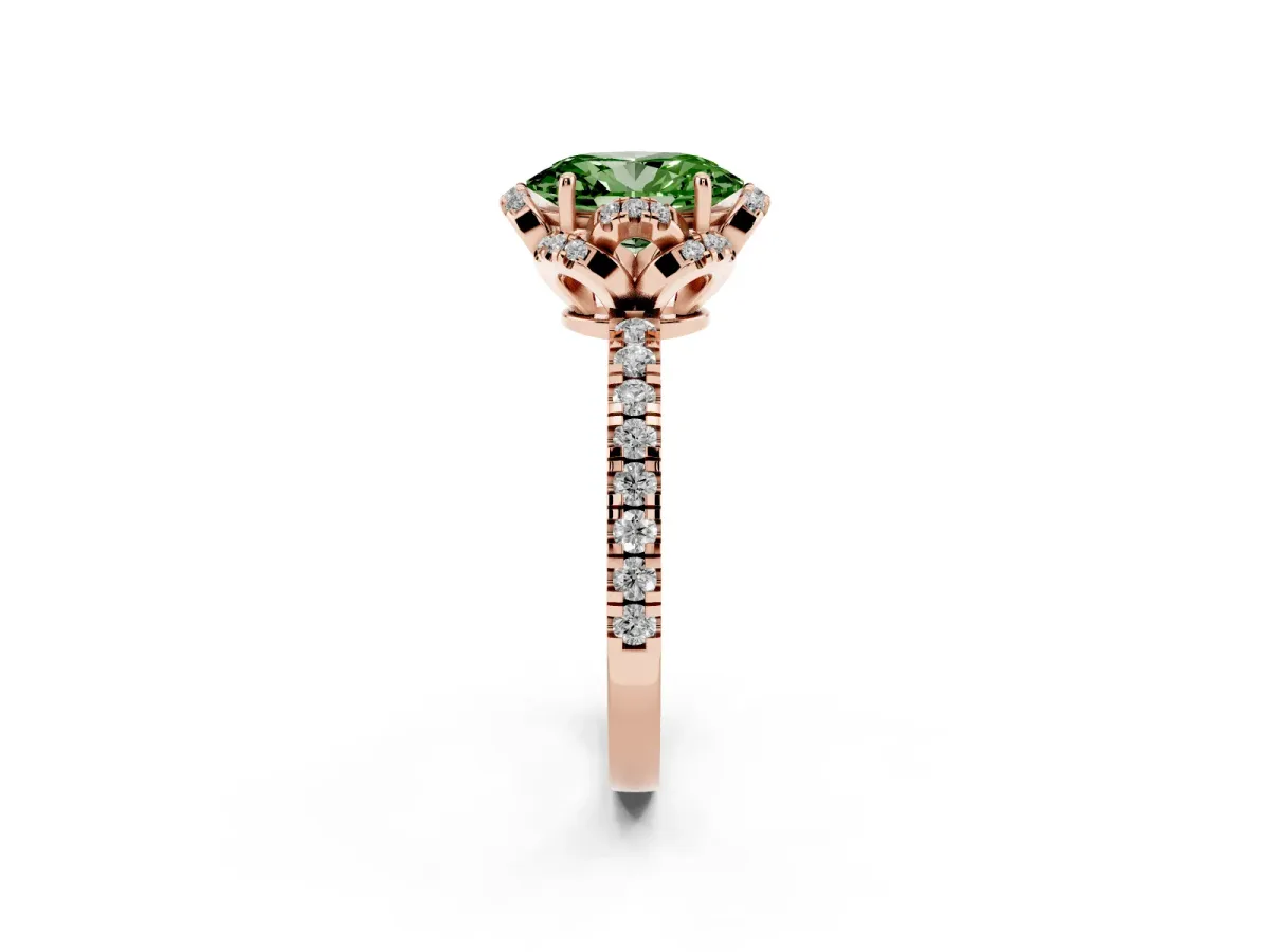 Fancy Green Oval Cut Halo Diamond Pave Band Ring with Four-Prong Setting Rose gold