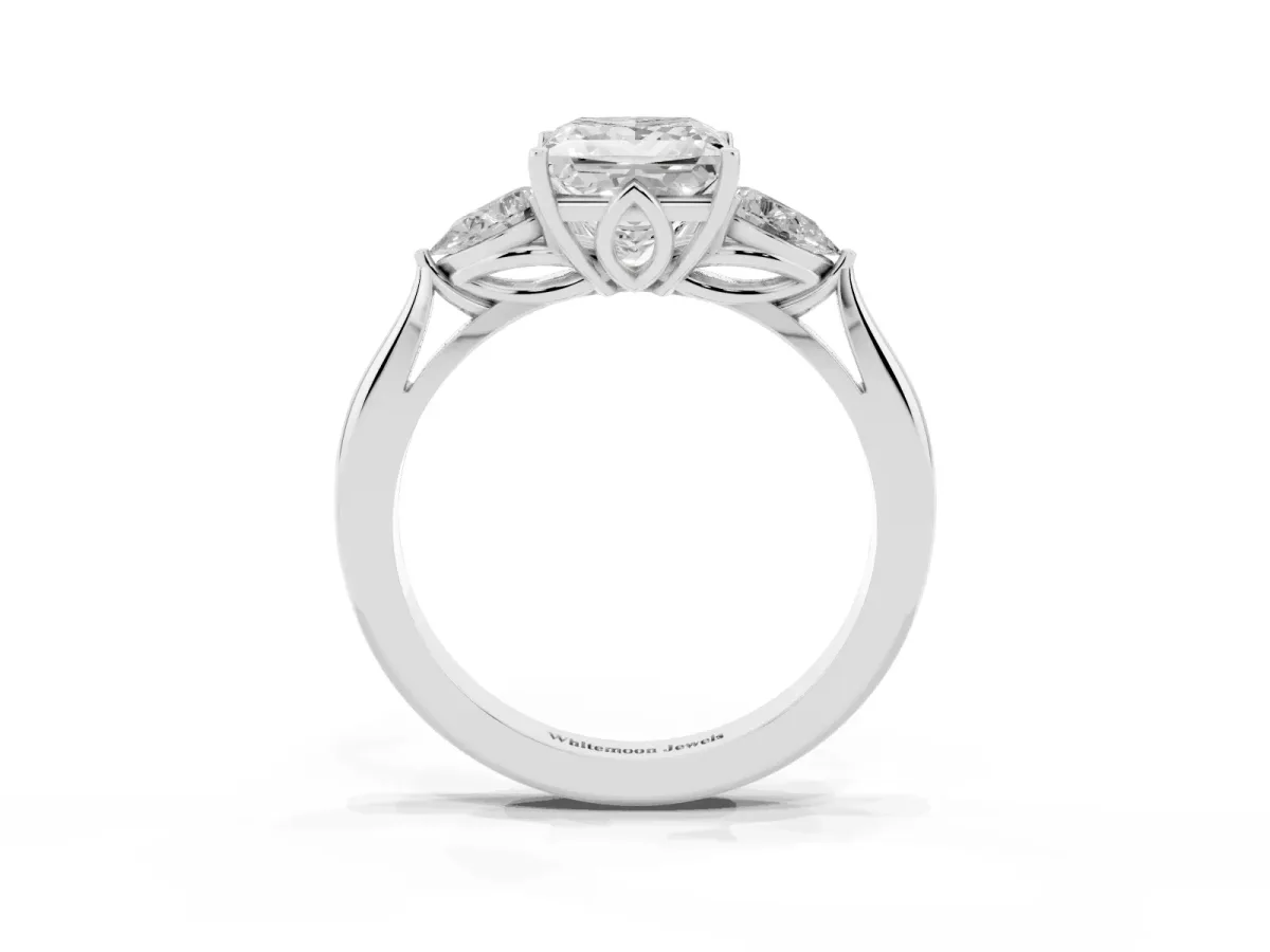 Three-Stone Princess Cut Diamond Ring with Pear Side Stones in Four-Prong Setting Silver