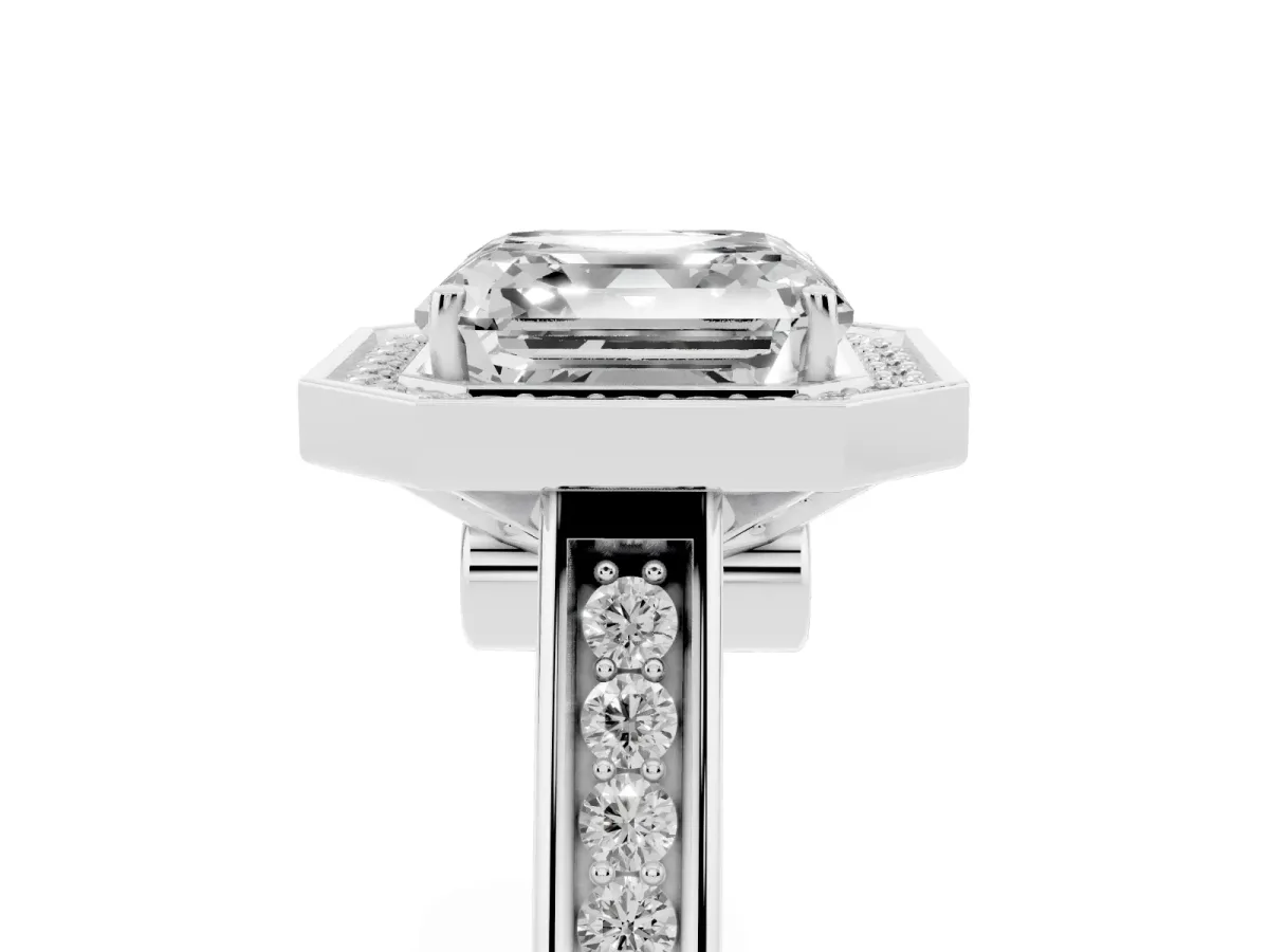 Asscher Cut Halo Solitaire Diamond Ring with Pave Band and Bezel Setting Silver