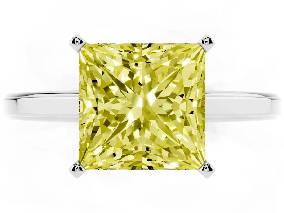 Fancy Yellow Princess Cut Solitaire Diamond Ring with Four-Prong Setting and Classic Band Silver