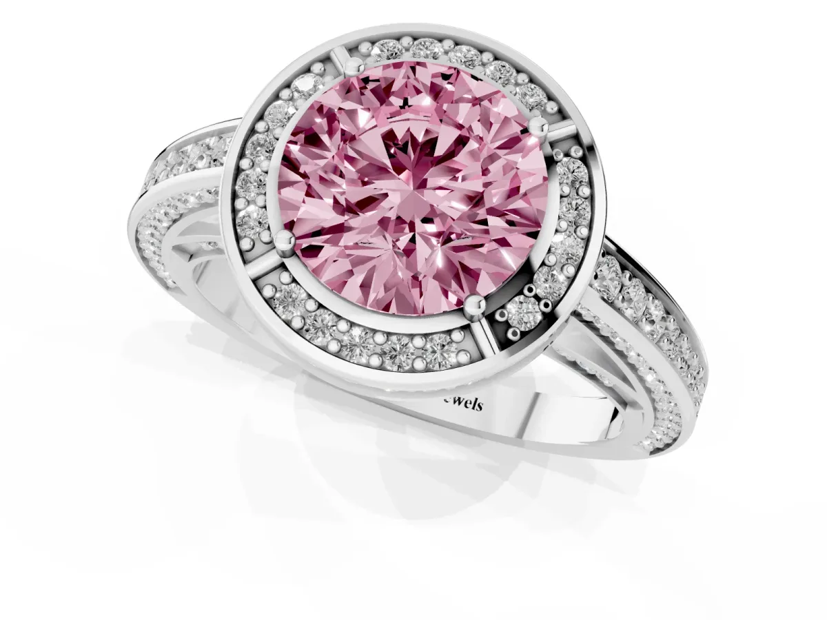 Fancy Pink Round Cut Cut Halo Pave Split Shank Prong Setting Ring White gold