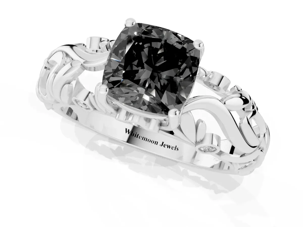 Fancy Black Cushion Cut Solitaire Diamond Leaf-Inspired Vine Band Ring with Prong Setting Silver