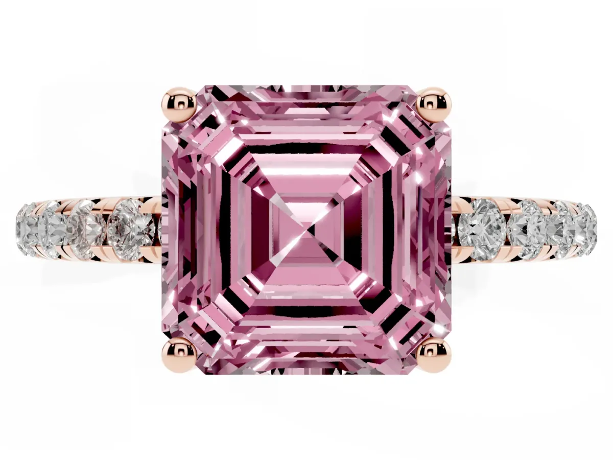Fancy Pink Asscher Cut Cut Diamond Solitaire Ring with Micro Pave Band and Four Prong Setting Rose gold