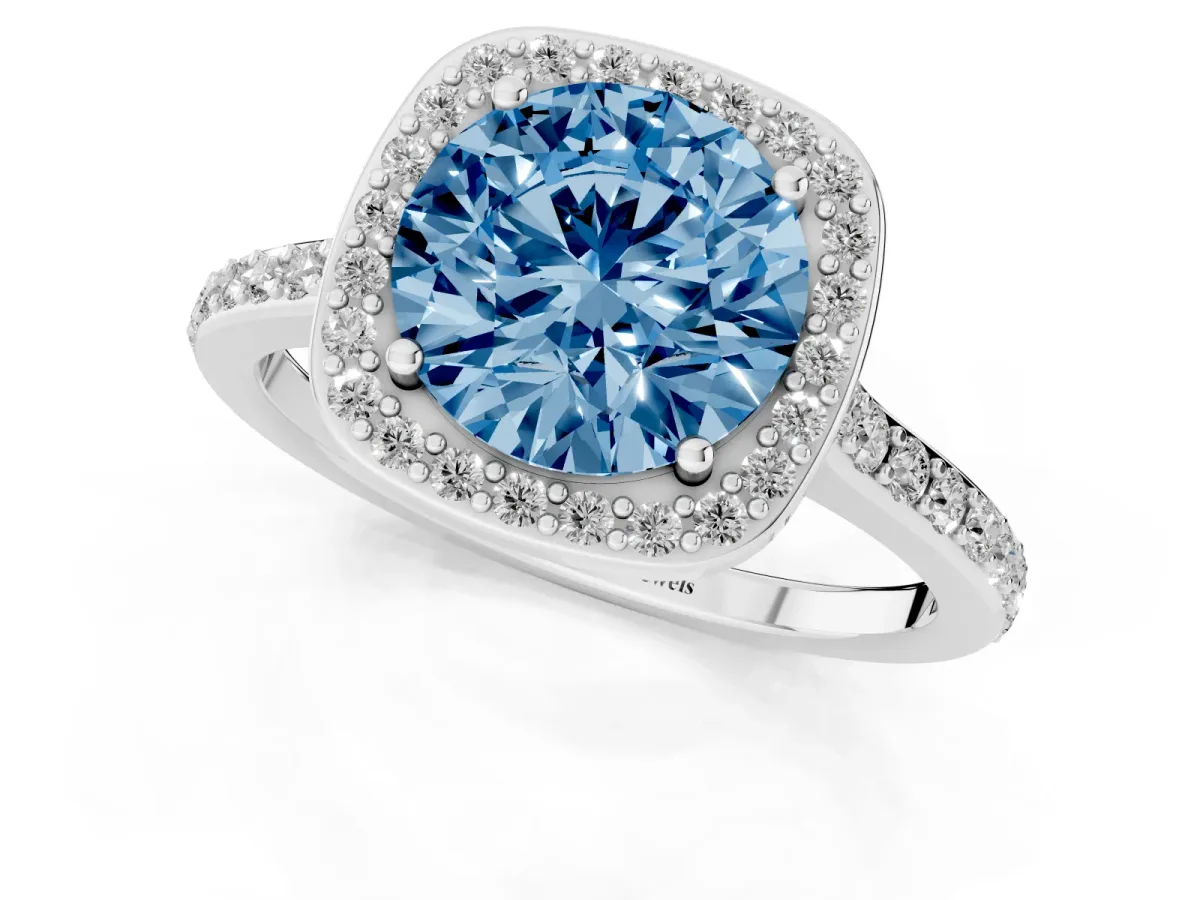 Fancy Blue Round Cut Diamond Halo Engagement Ring with Round Pavé Shoulders and Prong Setting Platinum