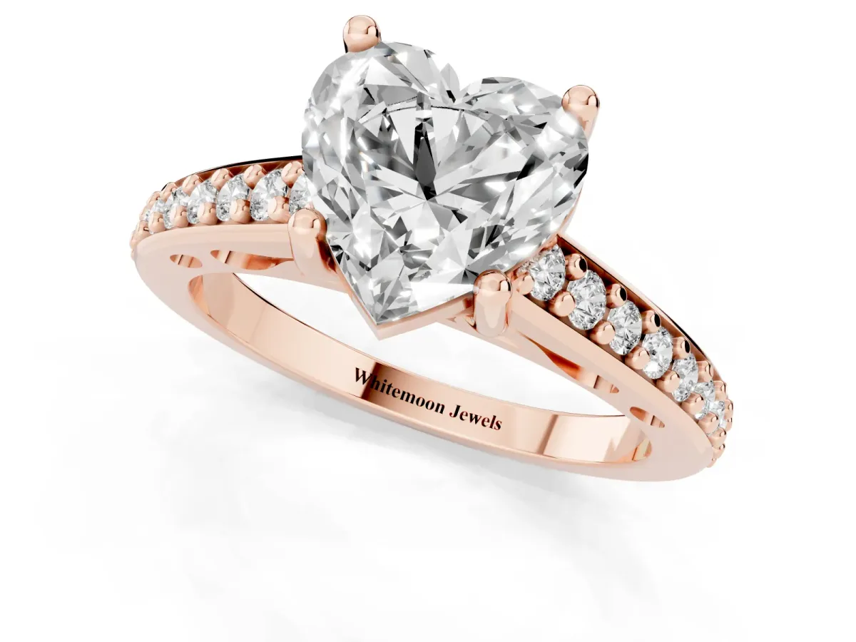 Heart Cut Solitaire Prong Set Diamond Engagement Ring with Pave Band Rose gold
