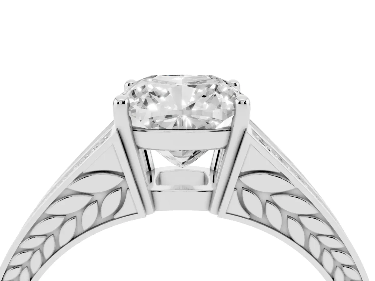Cushion Cut Diamond Split Shank Ring with Pavé Band and Four-Prong Setting Silver