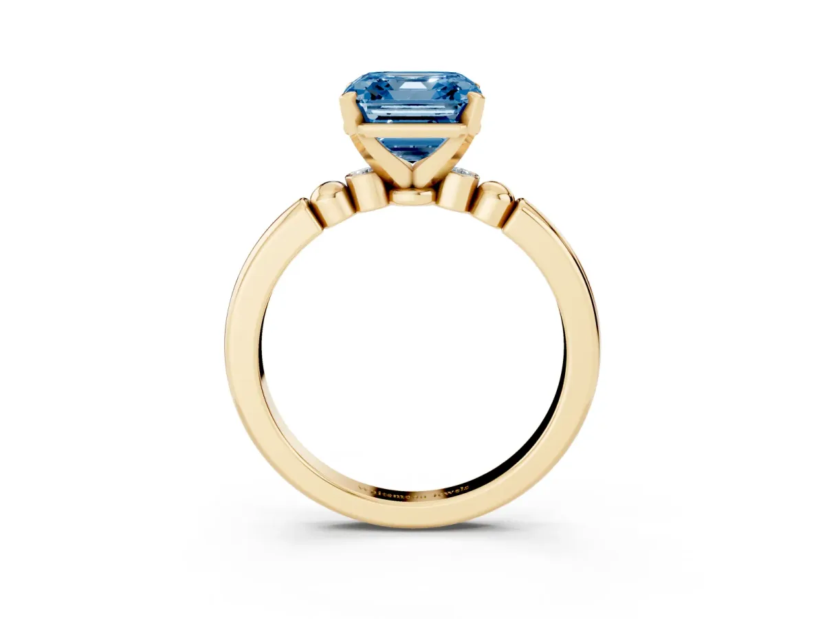 Fancy Blue Asscher Cut Solitaire Beaded Band with Four-Prong Setting Yellow gold