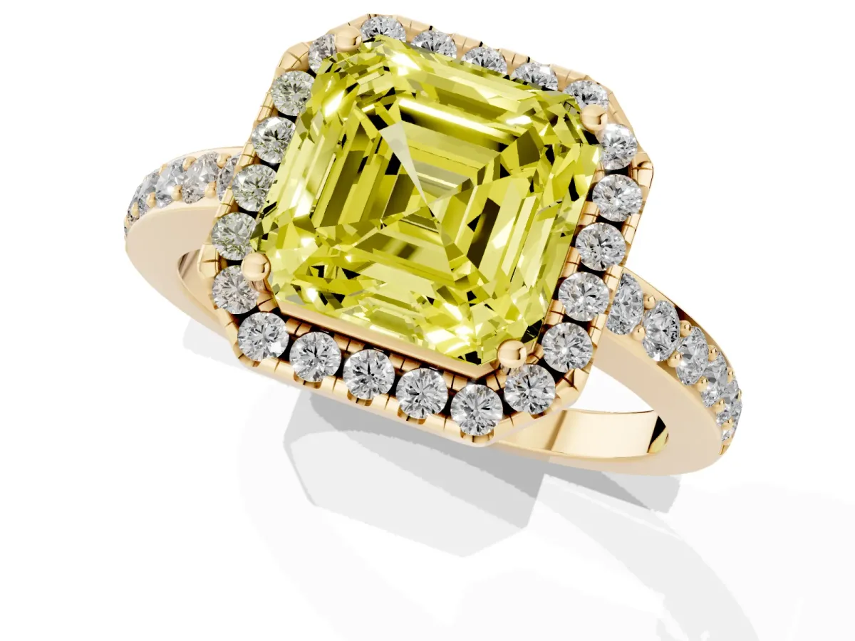 Fancy Yellow Asscher Cut Halo Diamond Pavé Band Ring with Prong Setting Yellow gold