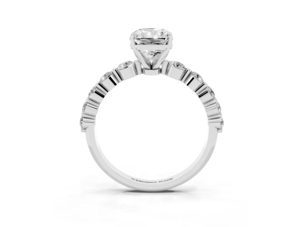 Radiant Cut Solitaire Diamond Ring with Pave Band and Four-Prong Setting Silver