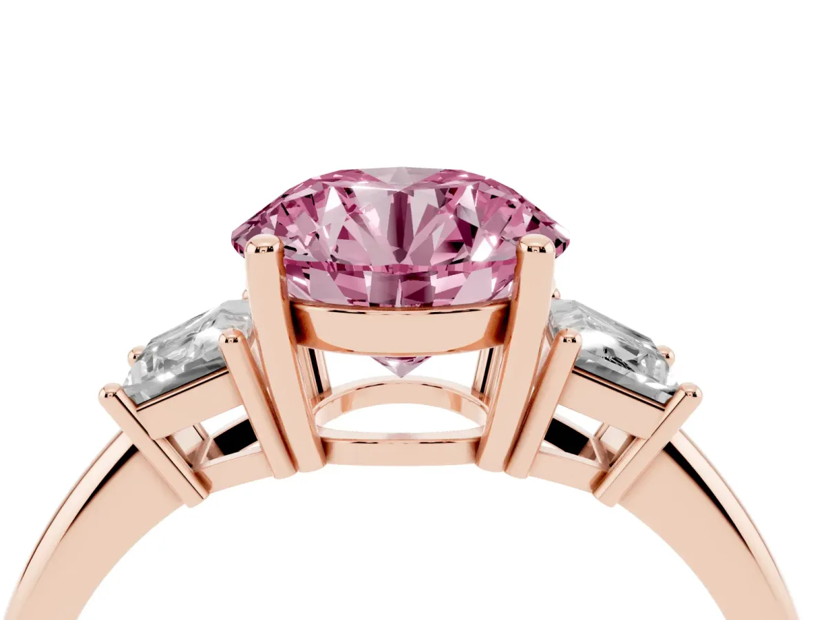 Fancy Pink Round Cut Diamond Three-Stone Ring with Trapezoid Side Stones and Prong Setting Rose gold