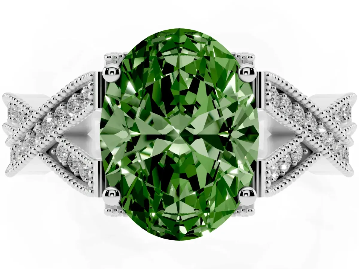 Fancy Green Oval Cut Cut Diamond Twisted Band with Milgrain Pave Setting and Four-Prong Setting Silver