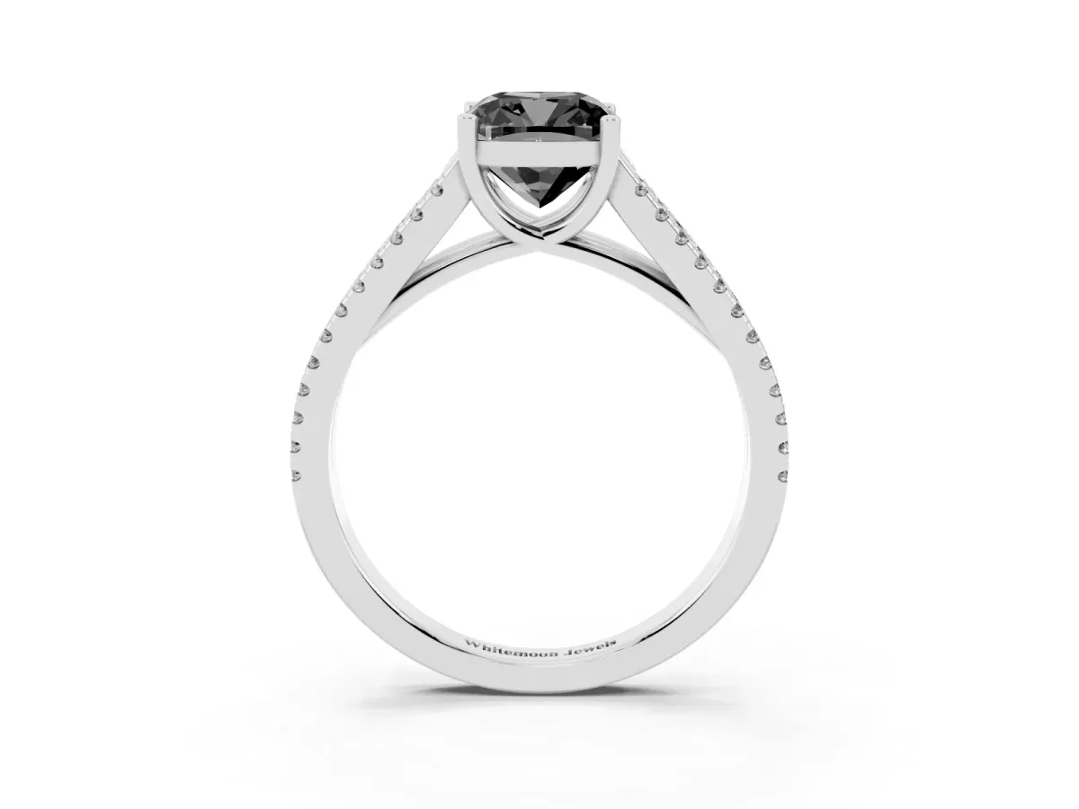 Fancy Black Cushion Cut Diamond Solitaire Engagement Ring with Split Shank Pavé Band Platinum