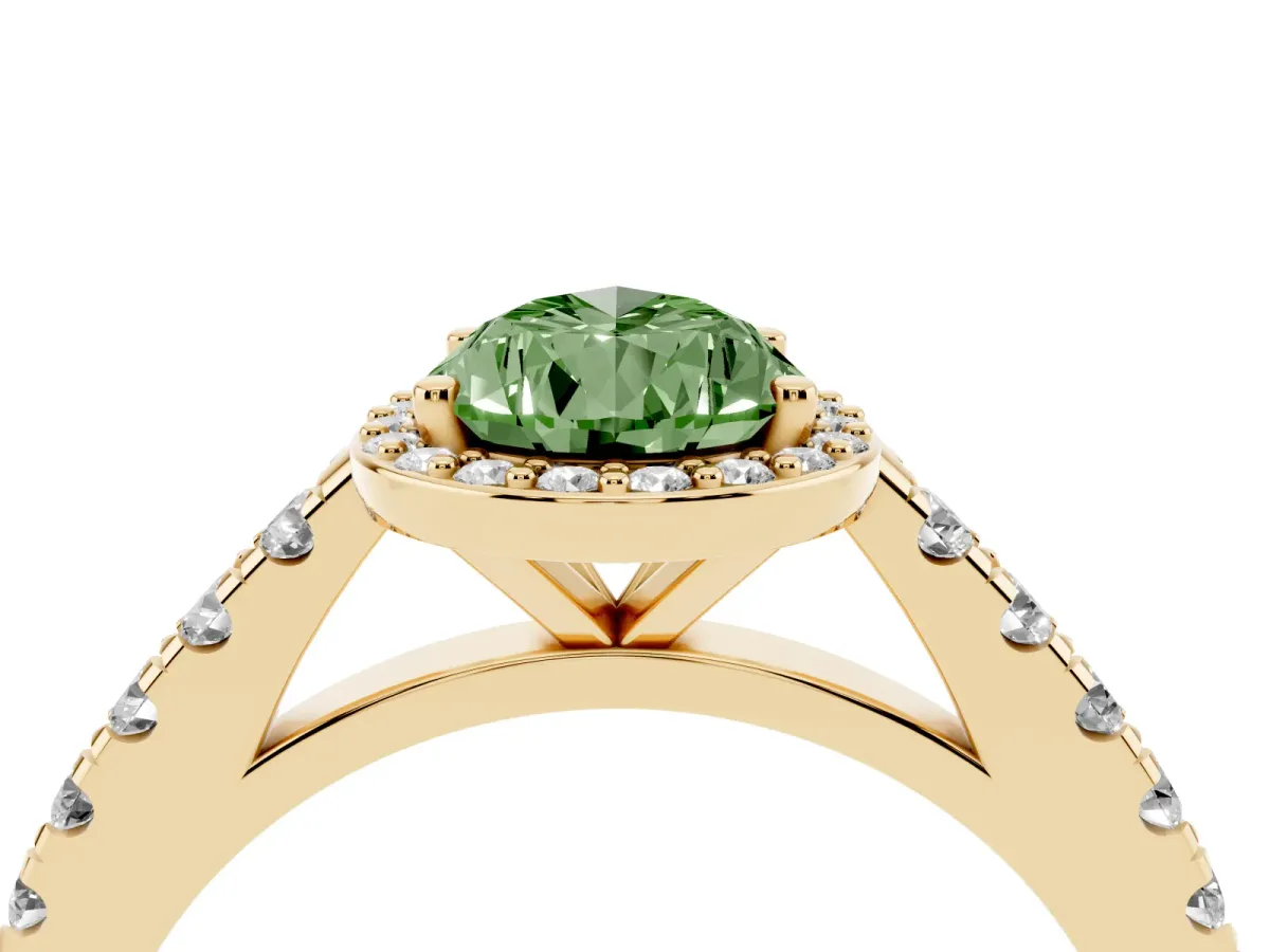 Fancy Green Pear Cut Cut Halo Diamond Engagement Ring with Pave Band and Four-Prong Setting Yellow gold