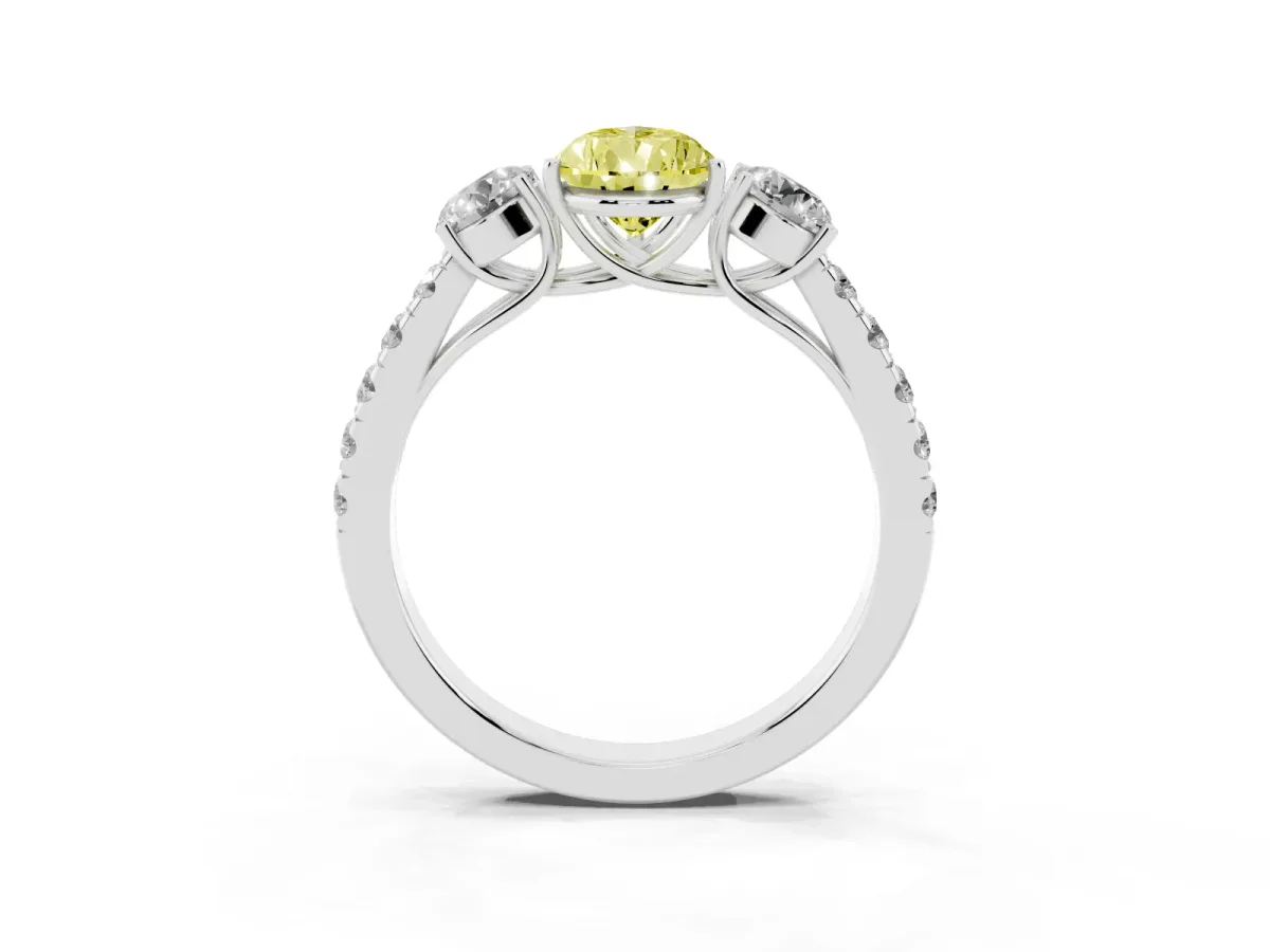 Fancy Yellow Pear Cut Cut Diamond Three-Stone Ring with Round Side Stones and Pavé Band Silver