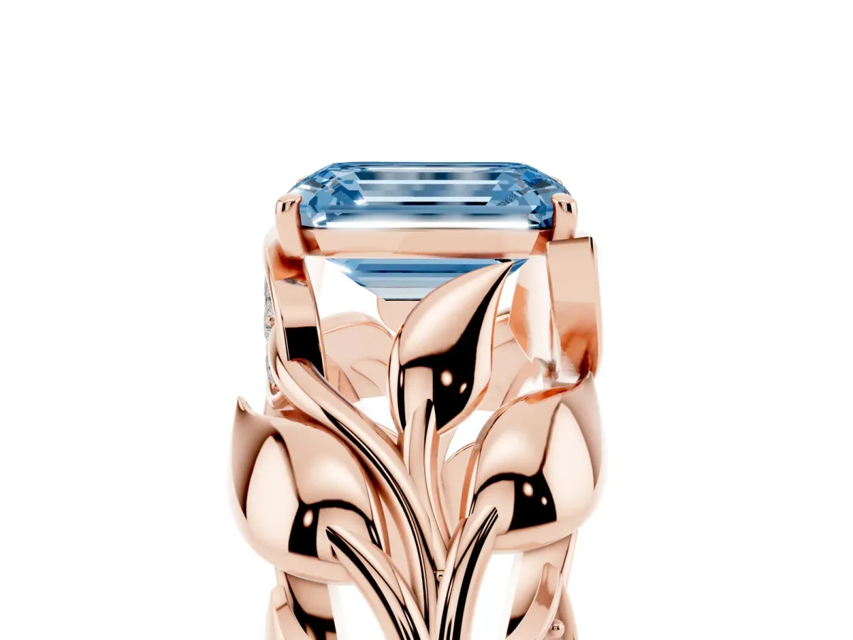 Fancy Blue Emerald Cut Diamond Leaf-Inspired Engagement Ring with Round Accents and Prong Setting Rose gold