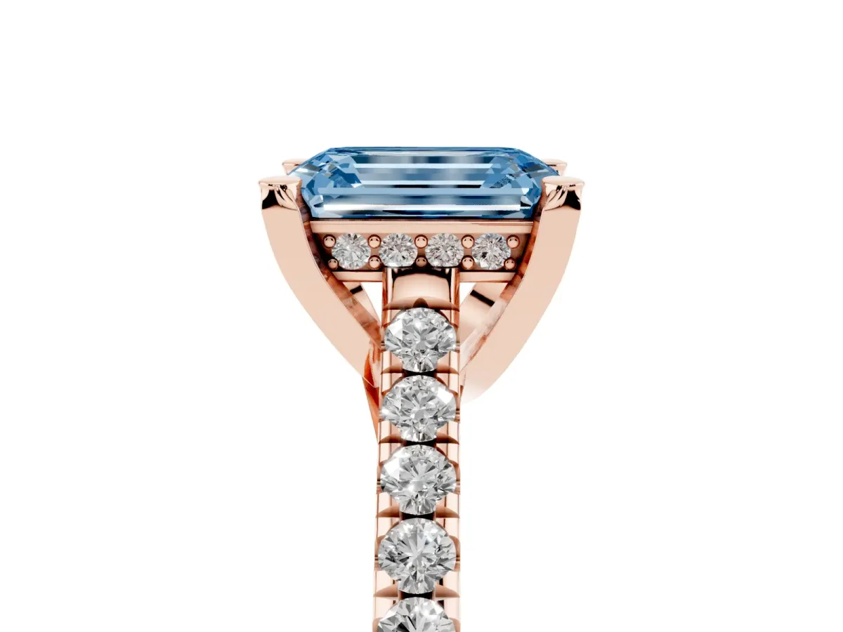 Fancy Blue Emerald Cut Brilliant Diamond Solitaire with Pavé Band and Four-Prong Setting Rose gold