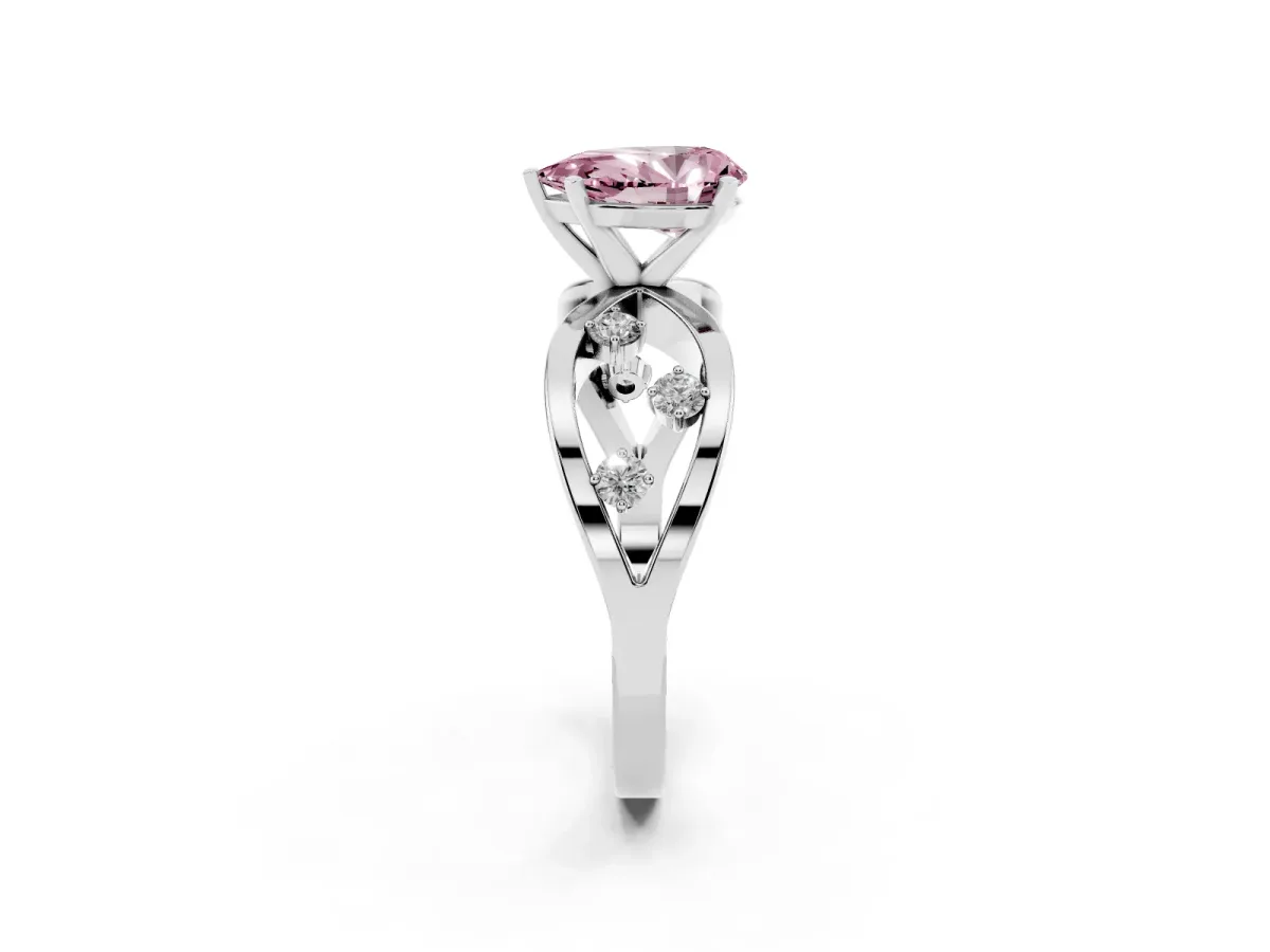 Fancy Pink Pear Cut Cut Solitaire Diamond with Side Stones on Criss-Cross Band and Four-Prong Setting Platinum