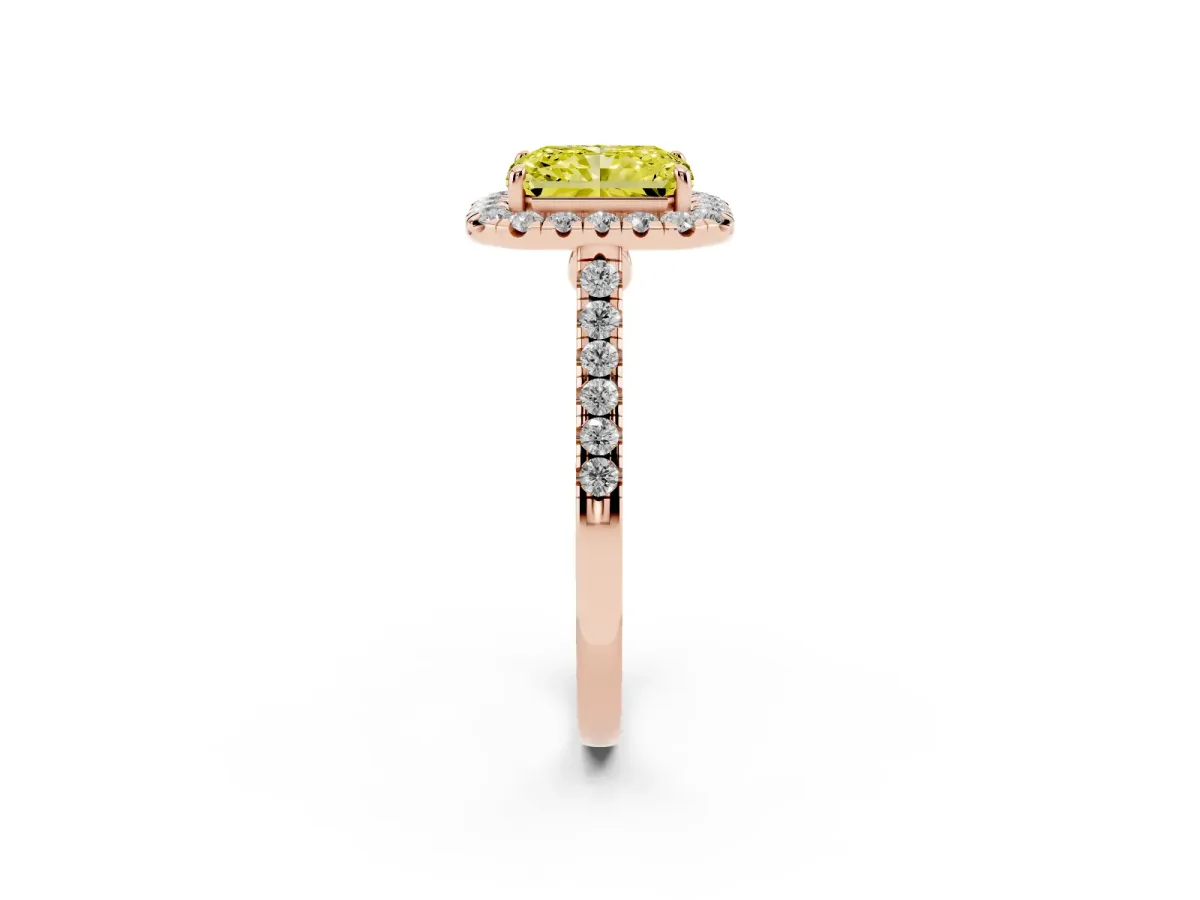 Fancy Yellow Radiant Cut Halo Pave Diamond Engagement Ring with Four-Prong Setting Rose gold