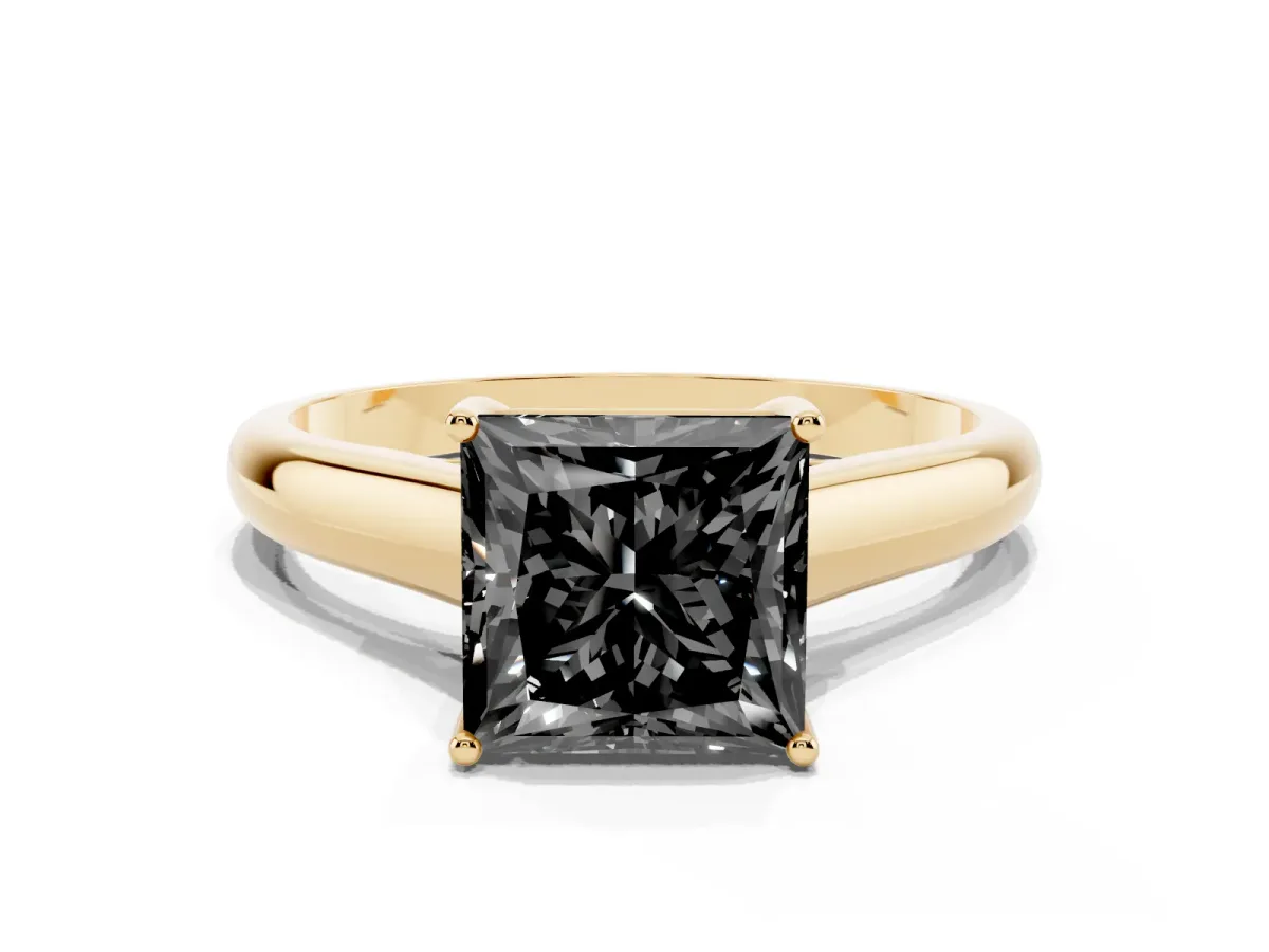 Fancy Black Princess Cut Solitaire Engagement Ring with Tapered Band and Four-Prong Setting Yellow gold