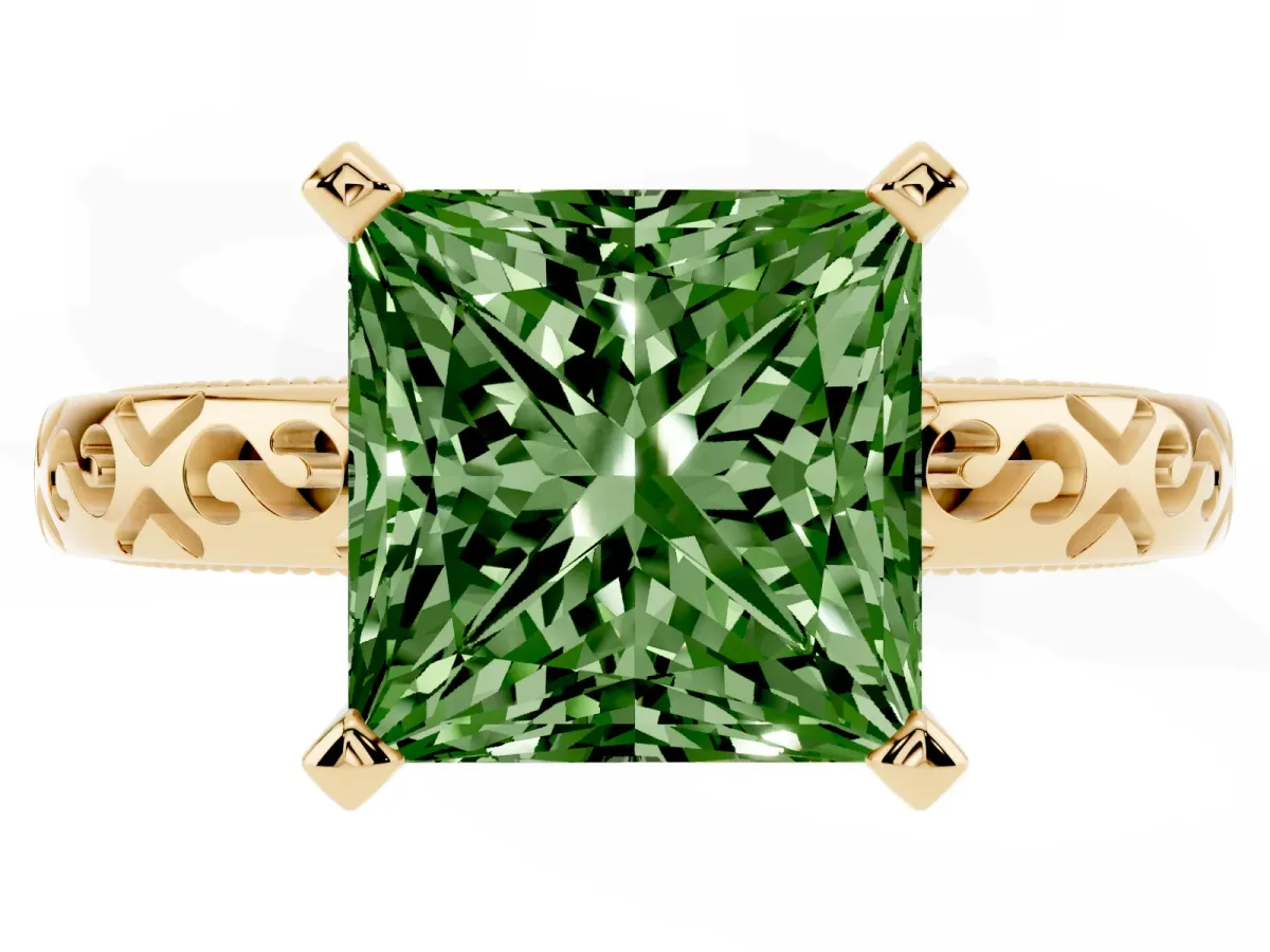Fancy Green Princess Cut Solitaire Engagement Ring with Scrollwork Band and Four-Prong Setting Yellow gold
