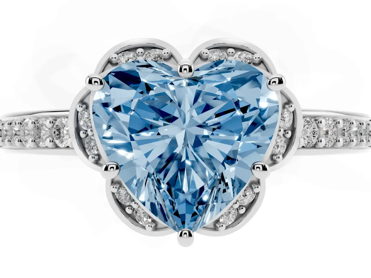 Fancy Blue Heart Cut Cut Halo Diamond Ring with Channel Set Band and Four-Prong Setting Platinum