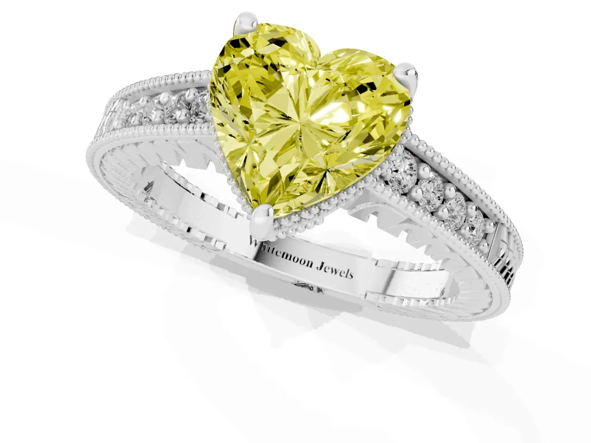 Fancy Yellow Heart Cut Solitaire Pavé Diamond Milgrain Engagement Ring with Four-Prong Setting Silver