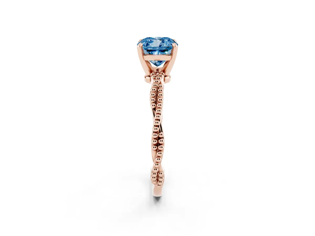 Fancy Blue Cushion Cut Solitaire Twisted Band with Bead Prong Setting Rose gold