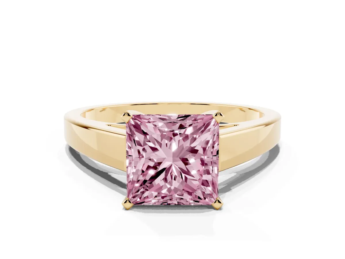 Fancy Pink Princess Cut Solitaire Engagement Ring with Four-Prong Setting and Tapered Band Yellow gold
