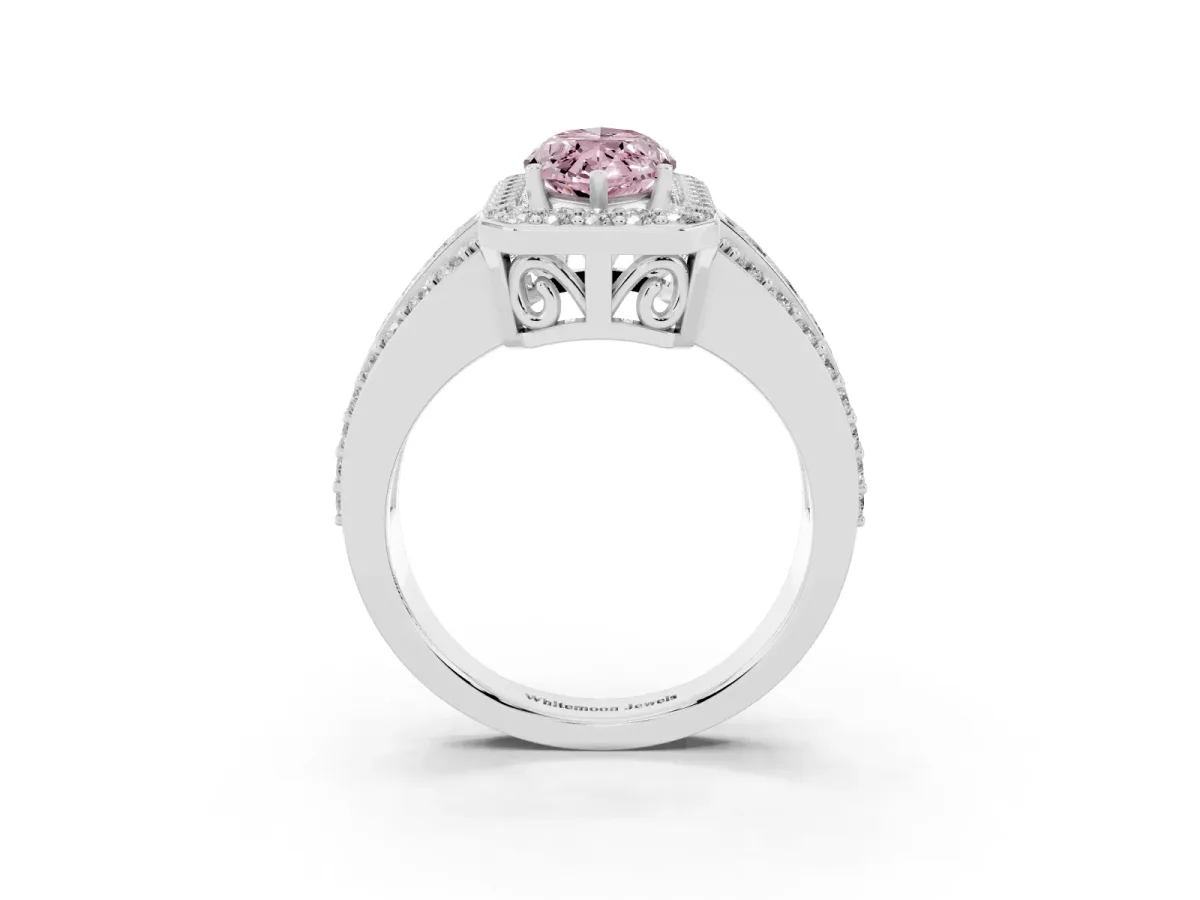 Fancy Pink Marquise Cut Halo Diamond Ring with Round Split Shank and Prong Setting Silver