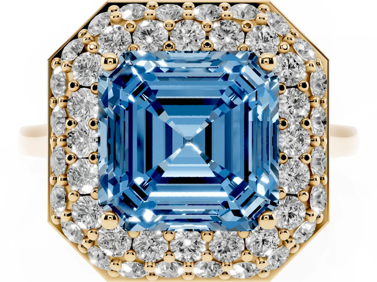 Fancy Blue Asscher Cut Halo Diamond Engagement Ring with Solitaire Band and Four-Prong Setting Yellow gold