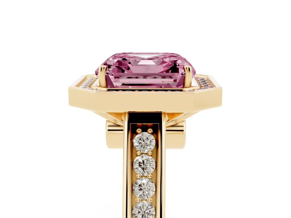 Fancy Pink Asscher Cut Halo Solitaire Diamond Ring with Pave Band and Bezel Setting Yellow gold