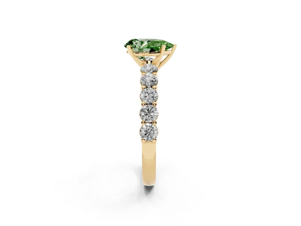 Fancy Green Pear Cut Diamond Solitaire Ring with Shared Prong Round Side Stones Yellow gold