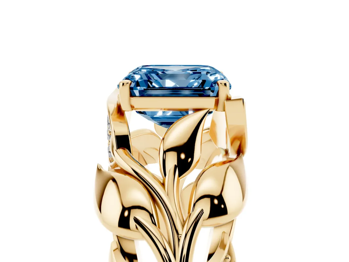Fancy Blue Asscher Cut Diamond Leaf-Inspired Engagement Ring with Round Accents and Prong Setting Yellow gold