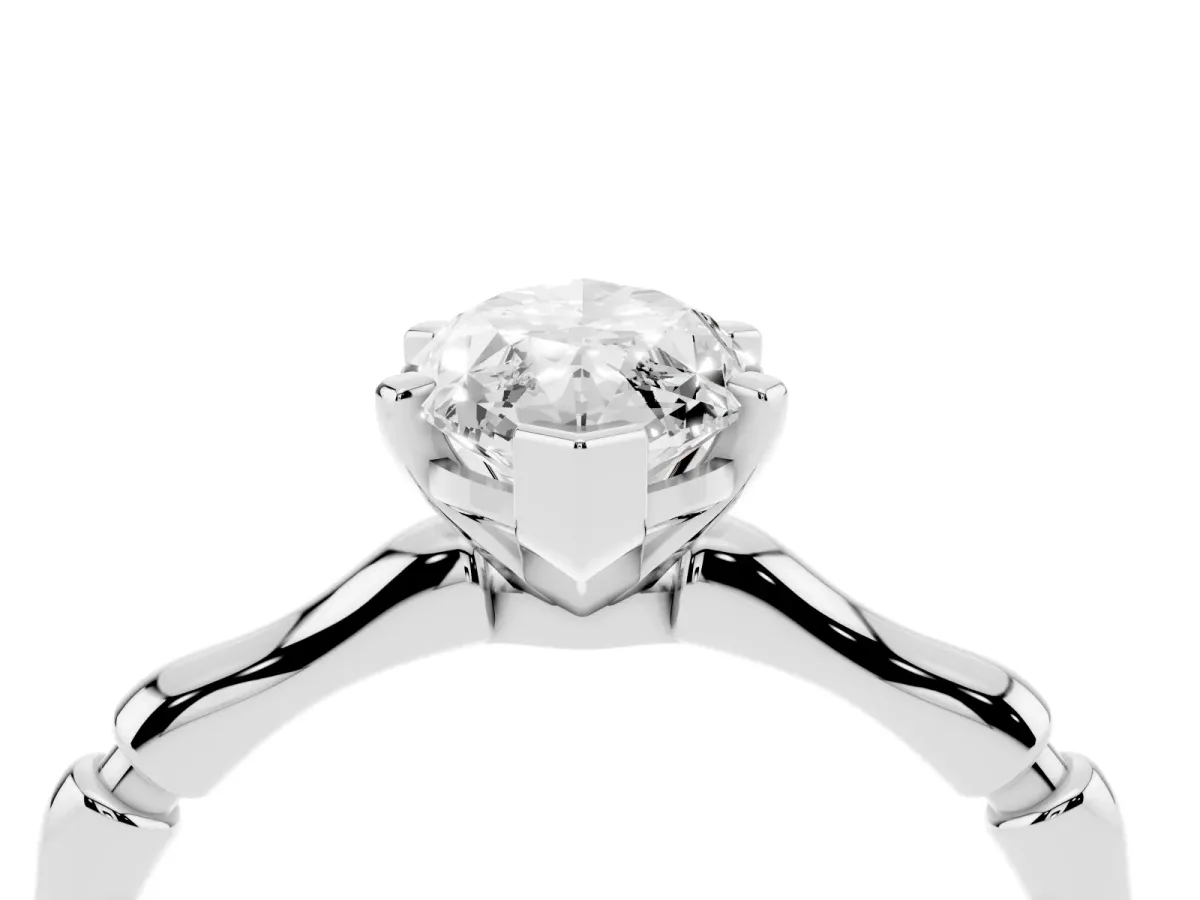 Marquise Cut Solitaire Diamond Ring with Bamboo Band and Four-Prong Setting Silver